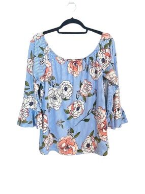 Kristin Nicole Floral Stripe Bell Sleeve Off Shoulder Tunic Top XL